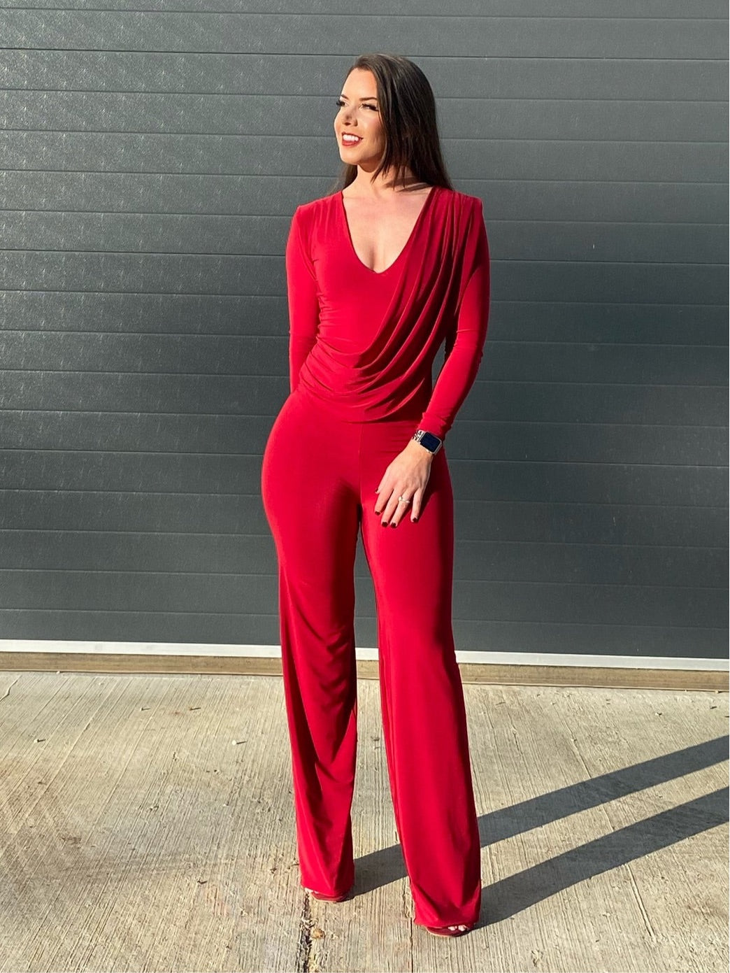 Long Sleeved Draping Tummy Straight Leg Jumpsuit