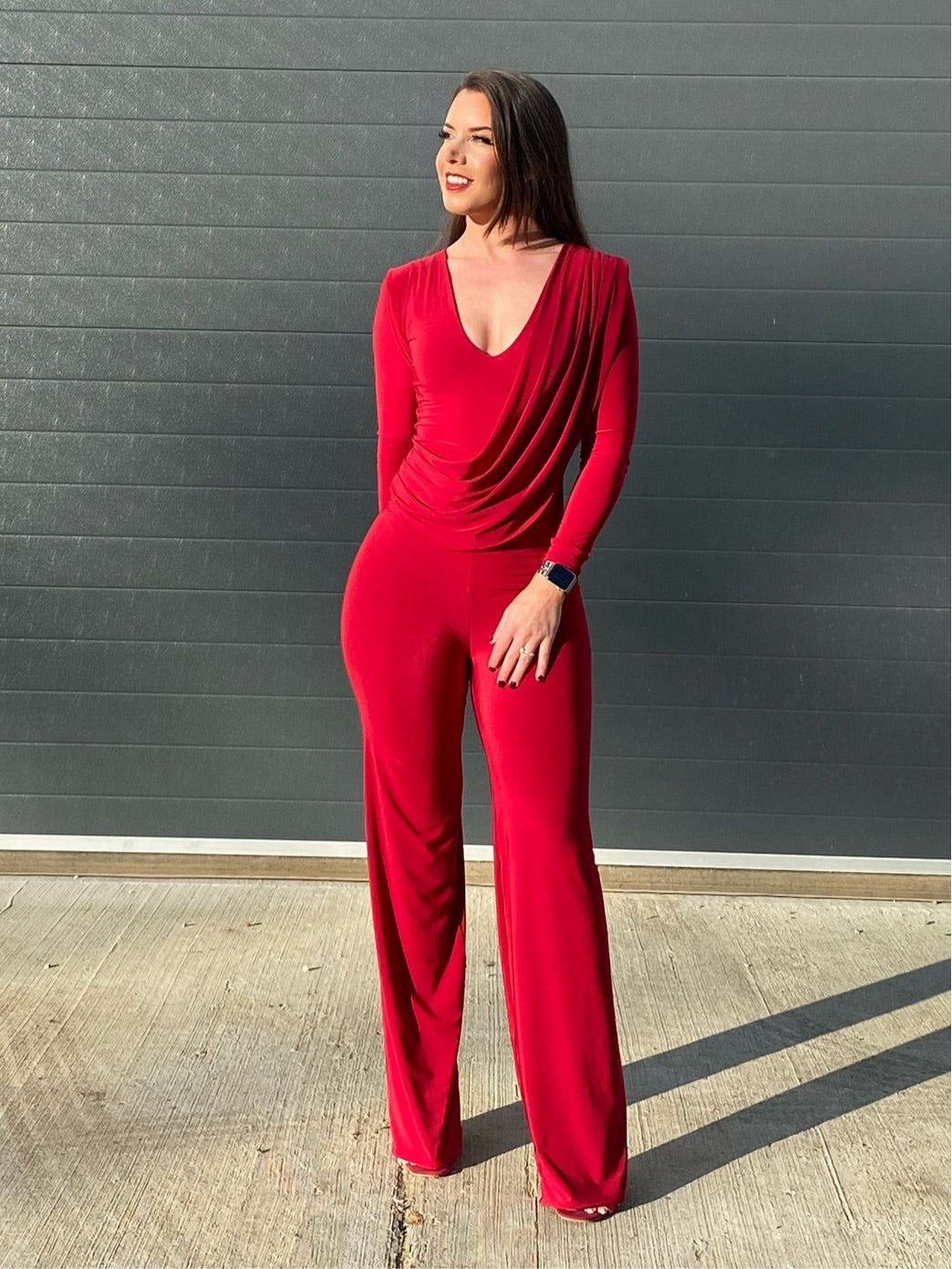 Long Sleeved Draping Tummy Wide Leg Jumpsuit