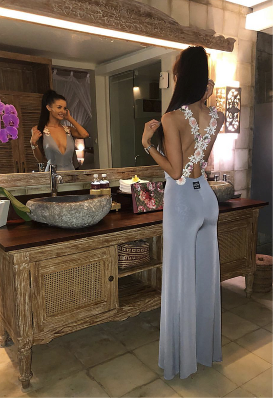 Plunge Cross Backless Beaded Straight Leg Jumpsuit
