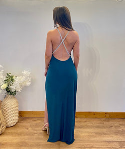 Full Length Backless Beaded Draping Wrap Over Dress